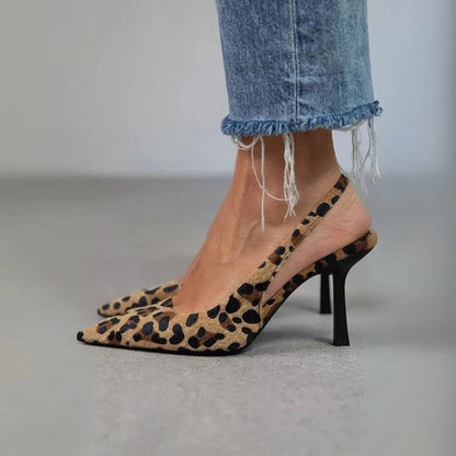Seda - Pointed Toe Leopard Print Slingback Khaki Stiletto Heels FashFizz