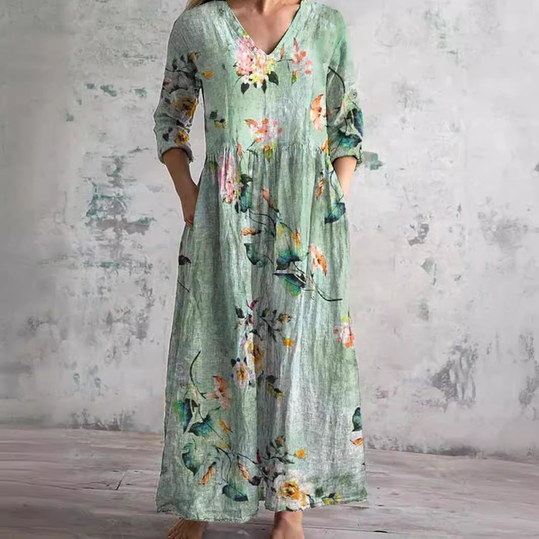 Auréa™ | Summer V-Neck Dress with Floral Elegance