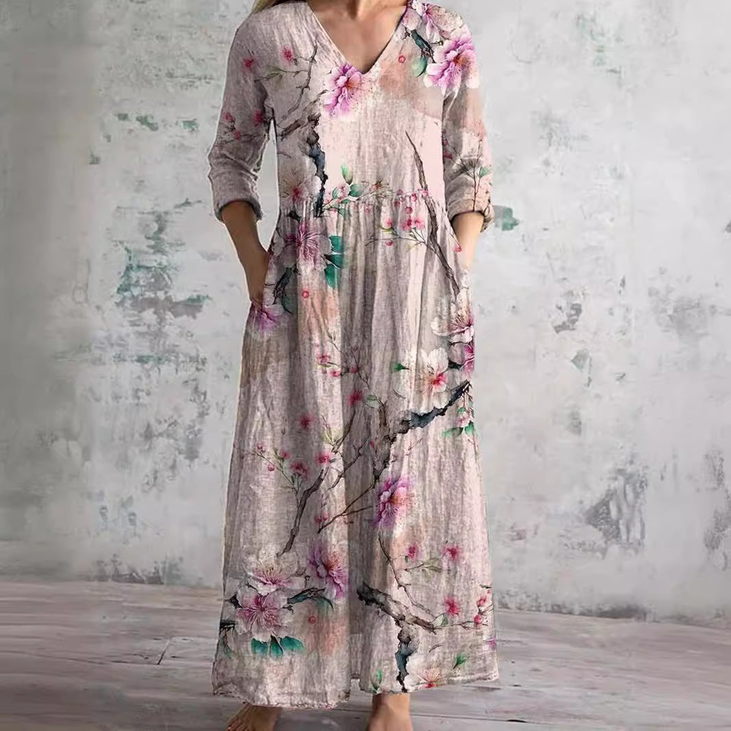Auréa™ | Summer V-Neck Dress with Floral Elegance