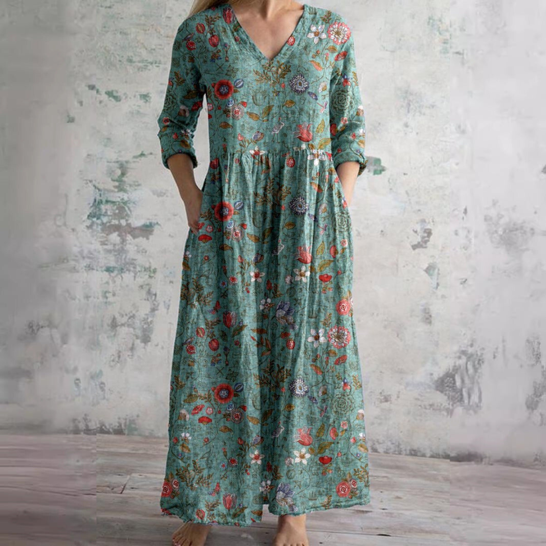Auréa™ | Summer V-Neck Dress with Floral Elegance